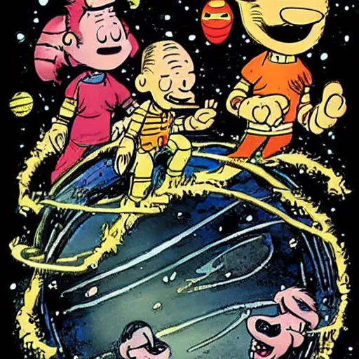 Image similar to artwork of bill watterson with space aliens.