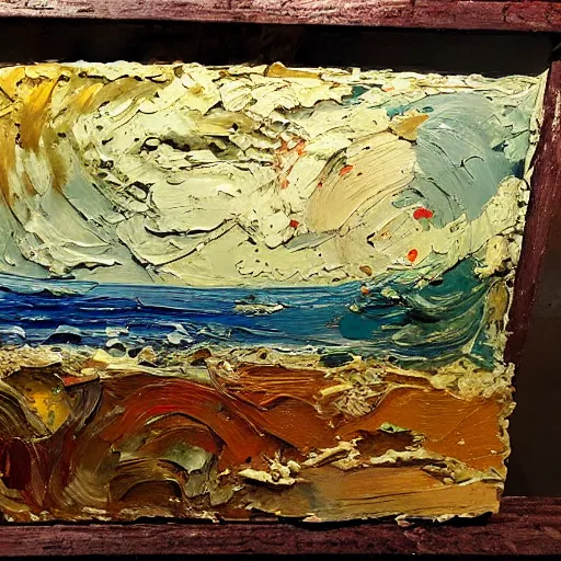 Image similar to oil paint impasto relief, beautiful italian beach scene, multi layered thick brush marks, some splattered paint, in the style of van gogh and frank auerbach and francis bacon