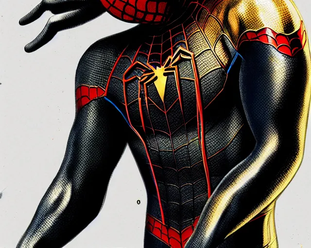 Image similar to photorealistic sketch of black spider - man with gold webbing