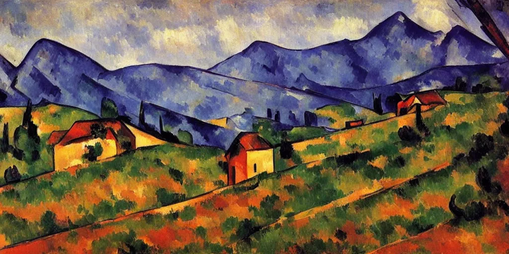 Image similar to stunning painting of landscape with an red cabin on a mountain by paul cezanne