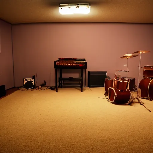 Prompt: dimly lit music studio, cigarette smoke haze, cinematic lighting, warm colors, shag carpet, 1970's