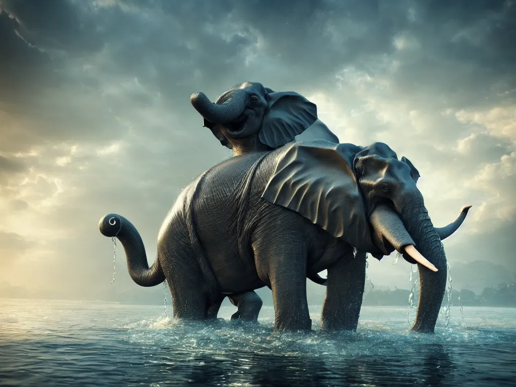 Prompt: water elephant, fantasy art, highly detailed, epic, octane render, excellent composition, 8 k, trending on artstation, cinematic lighting, masterpiece, behance contest winner, stunning, gorgeous, much wow
