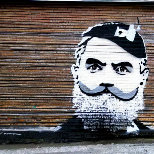 Image similar to banksy bearded graffiti, real life, sharp focus