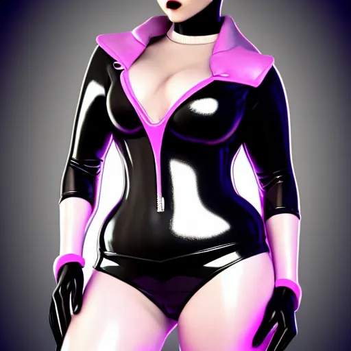 Prompt: a curvy pale goth woman with a modest elaborate elegant black-pink multilayered latex striped tight high-neck outfit, cgsociety, photorealistic, sublime-cool-badass-hyperadvanced-hot, 16k, smooth, sharp focus, trending on ArtStation, volumetric lighting