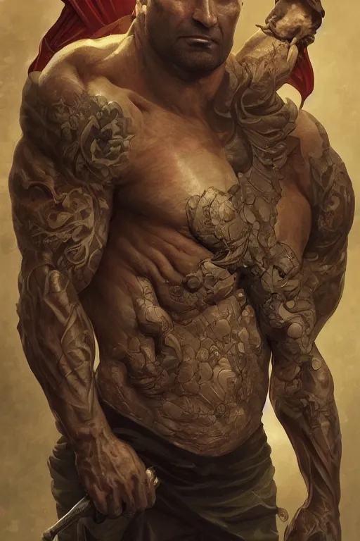 Prompt: dave bautista as frank reynolds, masterpiece, intricate, elegant, highly detailed, digital painting, artstation, concept art, smooth, sharp focus, illustration, art by artgerm and greg rutkowski and alphonse mucha and uang guangjian and gil elvgren and sachin teng, symmetry!!