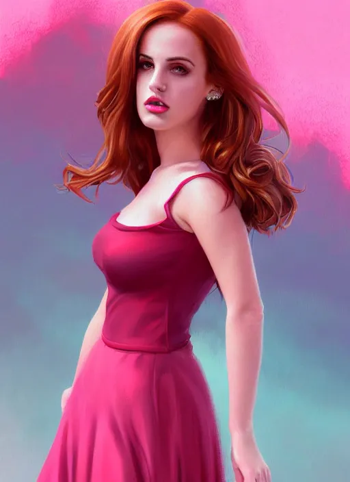 Image similar to full body portrait of teenage cheryl blossom, bangs, green eyes, sultry expression, red hair, sultry smirk, bangs and wavy hair, pink skirt, bangs, intricate, elegant, glowing lights, highly detailed, digital painting, artstation, concept art, smooth, sharp focus, illustration, art by wlop, mars ravelo and greg rutkowski