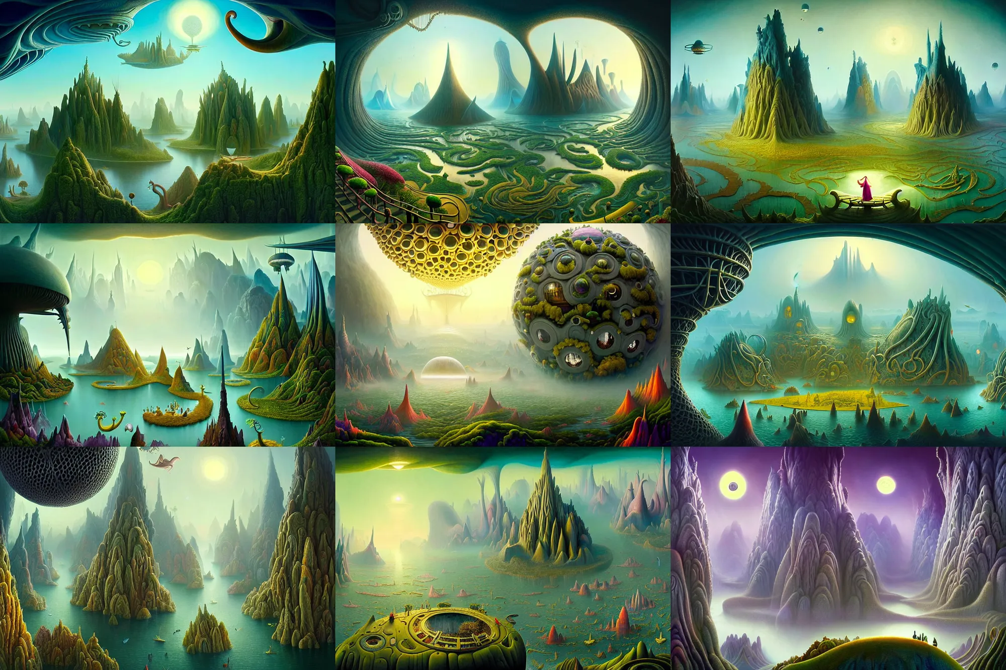 Prompt: a beautiful and insanely detailed matte painting of alien dream worlds with surreal architecture designed by Heironymous Bosch, mega structures inspired by Heironymous Bosch's Garden of Earthly Delights, vast surreal landscape and horizon by Asher Durand and Tyler Edlin and Cyril Rolando, masterpiece!!, grand!, imaginative!!!, whimsical!!, epic scale, intricate details, sense of awe, elite, wonder, insanely complex, masterful composition, sharp focus, fantasy realism, dramatic lighting
