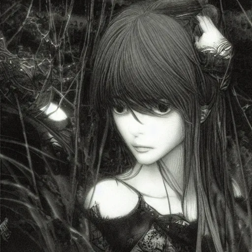 Image similar to a portrait of a character in a scenic environment by Yoshitaka Amano, black and white, dreamy, dark eyes