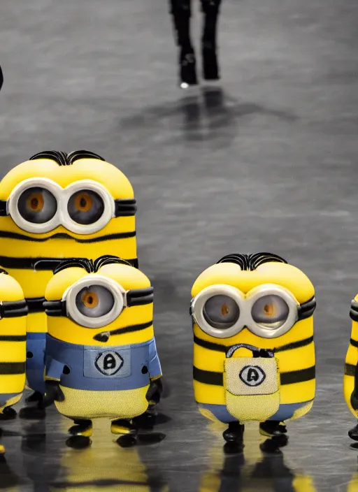 Image similar to hyperrealistic and heavy detailed moncler runway show of minions, leica sl 2 5 0 mm, vivid color, high quality, high textured, real life