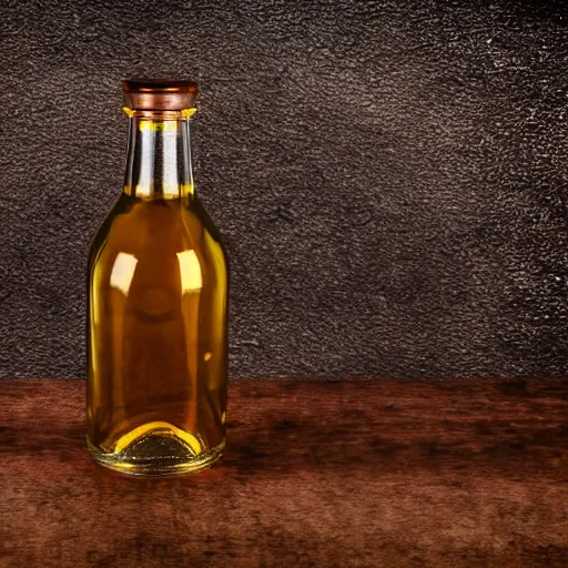 Prompt: symmetrical photo of small bottle standing, steampunk background