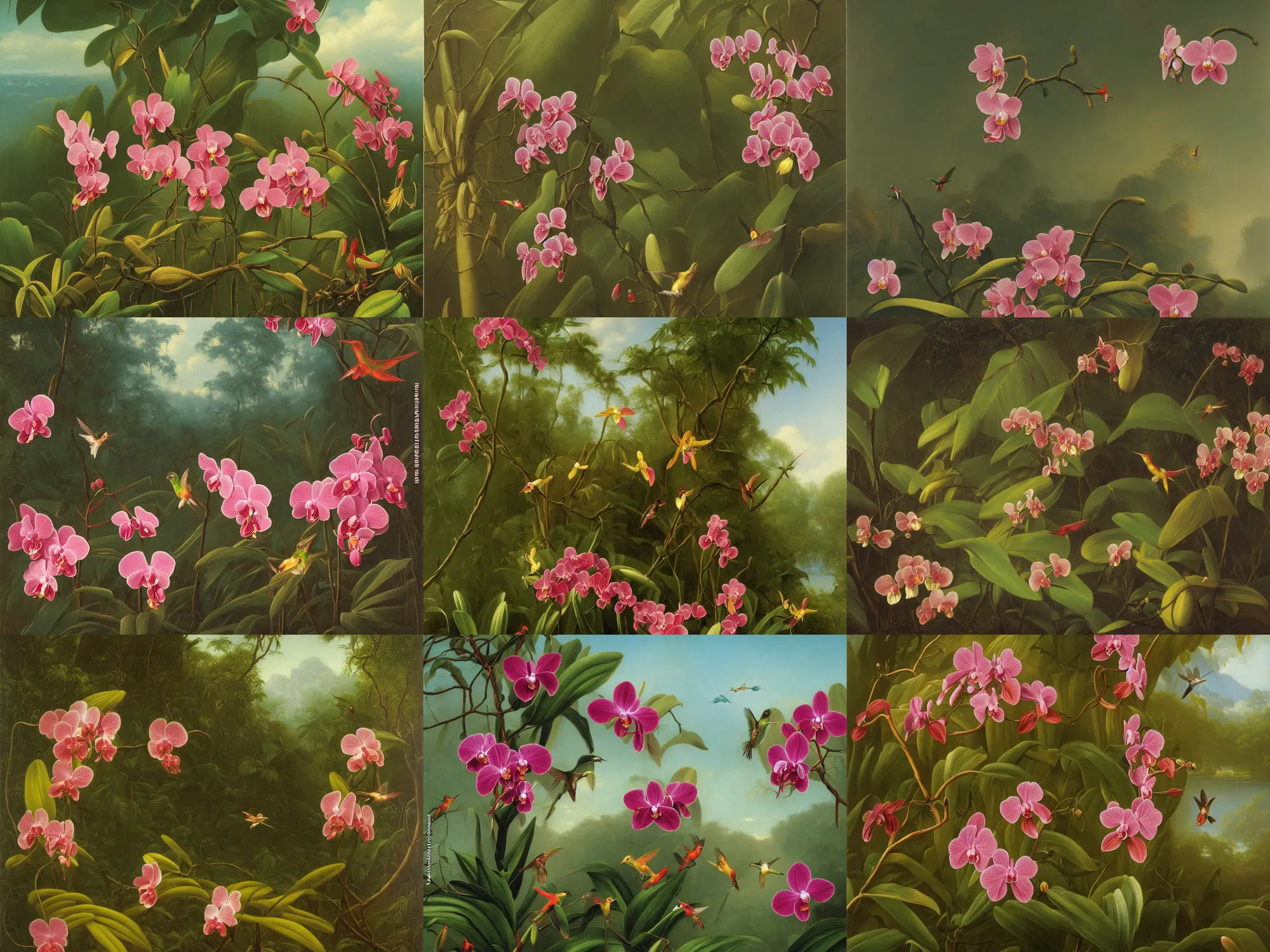 Prompt: jungle orchids and hummingbirds by martin johnson heade. oil on canvas.