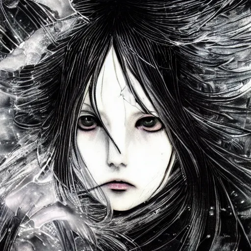 Image similar to Yoshitaka Amano blurred and dreamy illustration of an anime girl with black eyes, wavy white hair and cracks on her face wearing elden ring armour with the cape fluttering in the wind, abstract black and white patterns on the background, noisy film grain effect, highly detailed, Renaissance oil painting, weird portrait angle