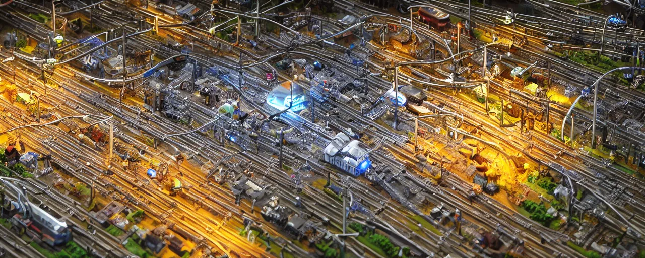 Prompt: mega detailed miniature voxel diorama of huge railway junction, futuristic architecture, tilt shift, industrial lights, by night clean and sterile atmosphere, several trains nearby, near future 2 0 3 0