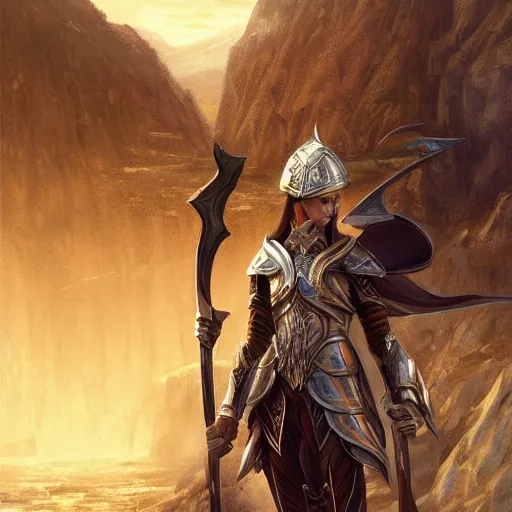 Prompt: standing elf with armor in golden and silver colors and a curve long sword in front of the tirith mines, epic masterpiece of cinematographic hyperrealism, realistic shaded lighting poster by craig mallismo, artgerm, jeremy lipkin and michael garmash, unreal engine, radiant light, detailed and intricate environment, digital art, art station trends