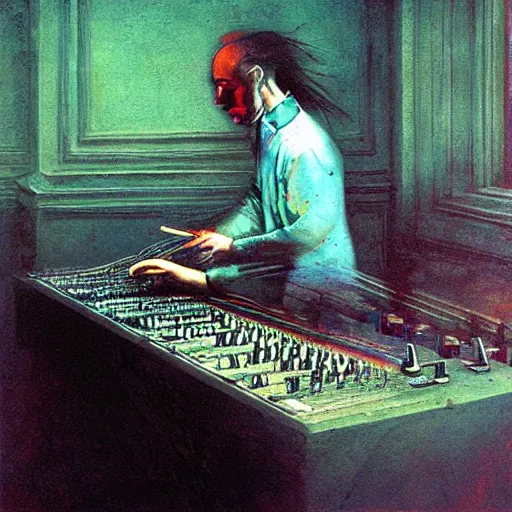 Image similar to Painting of Mozart mixing at the turntables in a style of Beksinski