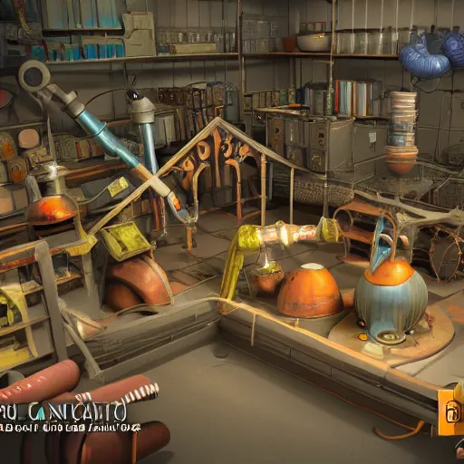 Image similar to 3 d render of a factory videogame. producing magic potions. factorio, rube goldberg. contraptions. clean, arnold render with raytracing.