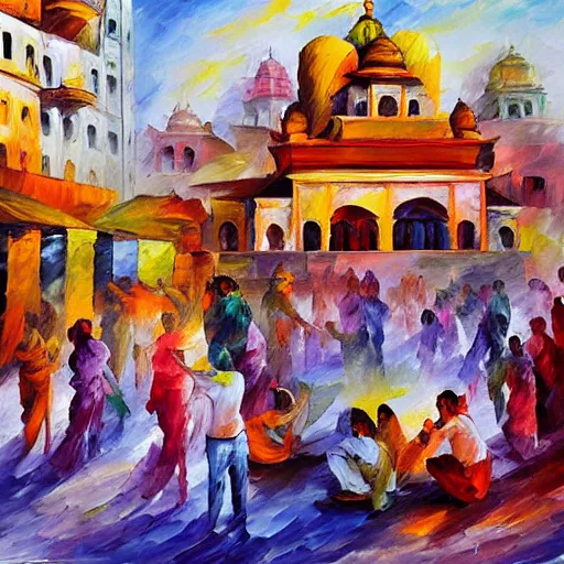 Image similar to People playing holi in Varanasi, with temples in the background, color in the air, Kai Fine Art by Leonid Afremov, by Guy Billoutread