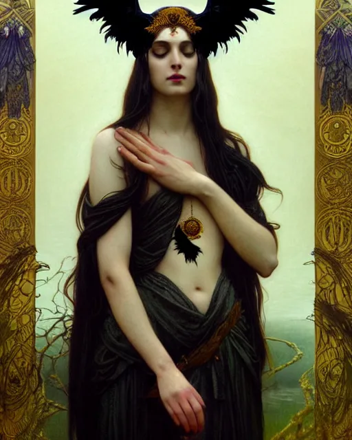 Image similar to goddess of ravens, unusual beauty, emotionally evoking symbolic metaphors, head in focus, fantasy, ornamental, intricate, elegant, sensual, highly detailed digital painting, artstation, concept art, painterly, golden ratio, sharp focus, illustration, art by John Collier and Krenz Cushart and Artem Demura and Rafael and Alphonse Mucha and Albert Aublet