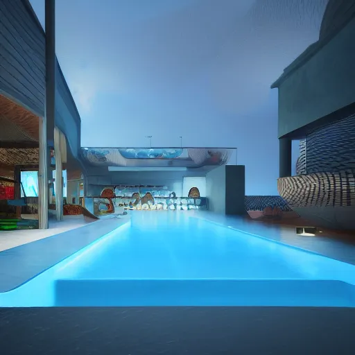 Prompt: a bar made with translucid fabric, swimming pool in front, parametric, blue hour, hyperrealistic, elevation, vray, unreal engine, architecture, luxigon