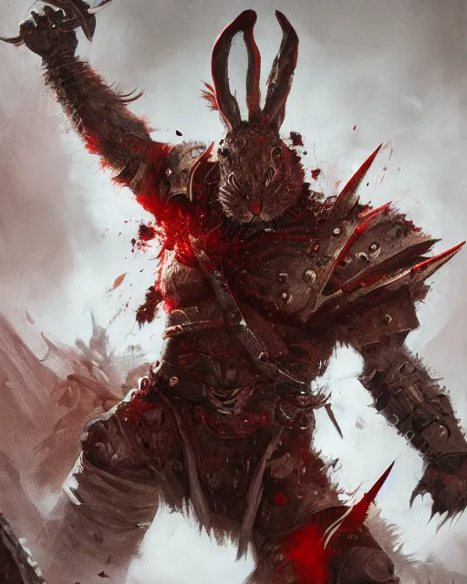 Image similar to Rabbit Berserker, rage, maniac, war paint, red, Khorne, magic the gathering artwork, D&D, fantasy, cinematic lighting, centered, symmetrical, highly detailed, digital painting, artstation, concept art, smooth, sharp focus, illustration, volumetric lighting, epic Composition, 8k, art by Akihiko Yoshida and Greg Rutkowski and Craig Mullins, oil painting, cgsociety