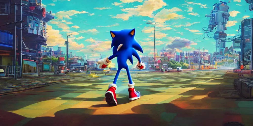 Image similar to Sonic the Hedgehog running, Portrait, Very Cloudy Sky, Sun, Neon Lights, Subject in Middle, Subject in center, Rule of Thirds, Retrofuturism, Studio Ghibli, Simon Stålenhag