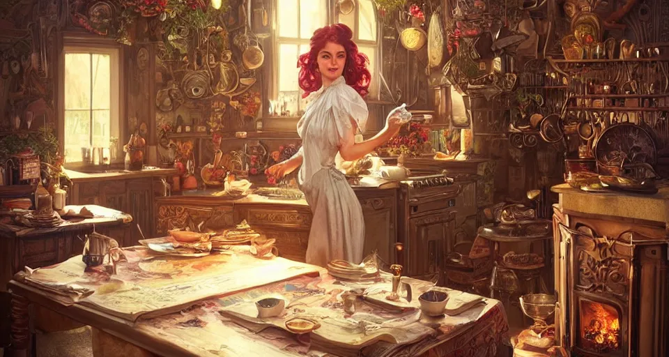 Image similar to a portrait of a fairy in a vintage magical kitchen, with one vintage book on a table, with a fireplace in the background d & d, fantasy, intricate, elegant, highly detailed, digital painting, artstation, concept art, smooth, sharp focus, illustration, art by artgerm and greg rutkowski and alphonse mucha