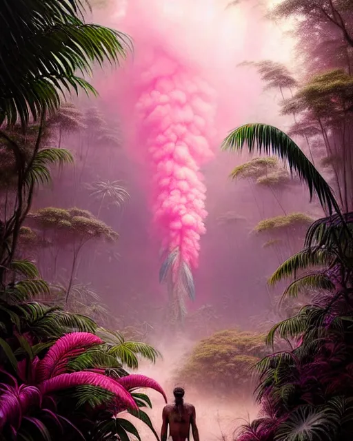 Image similar to a hyper - detailed 3 d render like an oil painting of tribe members in a tropical forest with pink smoke!!!!! surreal concept art, lifelike, photorealistic, digital painting, aesthetic, smooth, sharp focus, artstation hd, by greg rutkowski, bruce pennington, valentina remenar, rhads, asher duran,