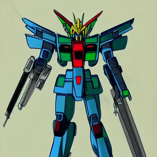 Prompt: blueprint sketch of a gundam with swords, and green colors by Tyler Edlin