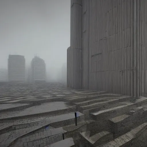 Image similar to wide - angle view of a deserted city with brutalism architecture and stone buildings with overcast and foggy weather. detailed, ultra - realistic, 4 k.