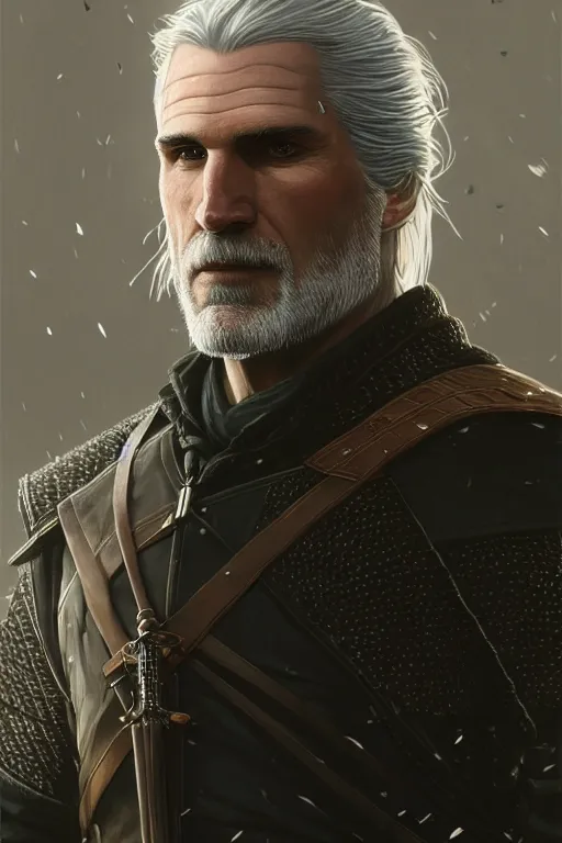 Image similar to photorealistic portrait photograph of geralt of rivia wearing a tuxedo, depth of field, soft focus, highly detailed, intricate, realistic, national geographic cover, soft glow, textured, artstation, concept art, sharp focus, illustration, art by artgerm and greg rutkowski and alphonse mucha