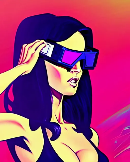 Image similar to closeup beautiful retro future megan fox wearing augmented reality goggles, glamour pose, jetsons, windblown dark hair, seductive, hyper detailed, digital art, studio lighting, smooth, ambient volumetric lighting, sharp focus, dan mumford, alphonse mucha, patrick nagle, 1 9 8 6, gta v, synthwave