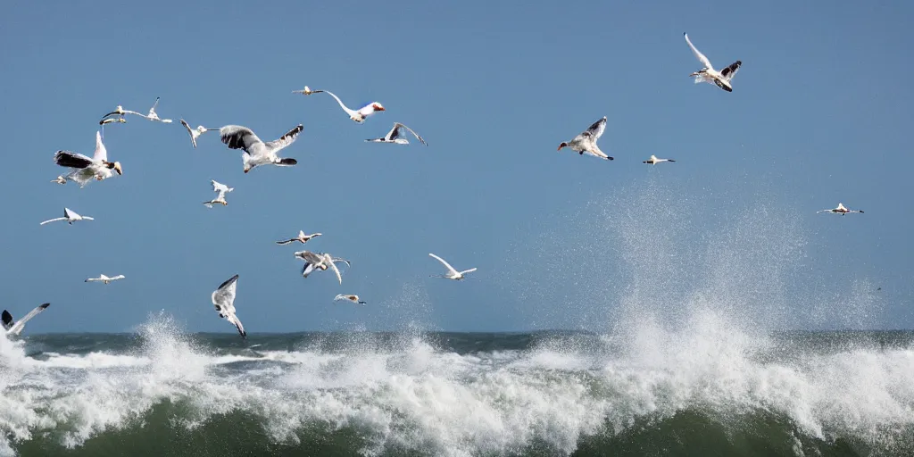 Image similar to seagulls flying above a rough surf
