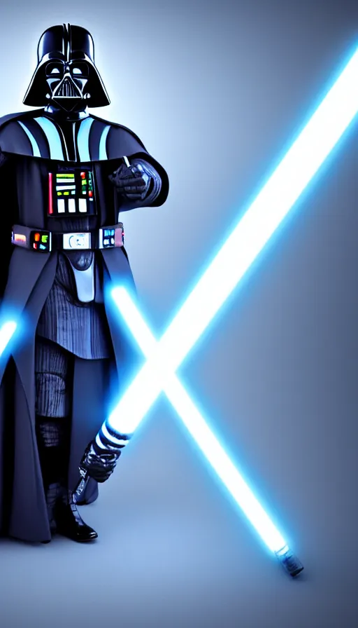 Image similar to A blue colored Darth Vader suit holding a blue lightsaber, 4k, dark background, 3d, full body image,