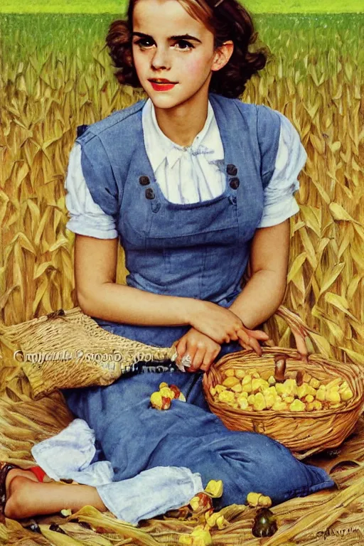 Image similar to photo photorealistic portrait photograph Emma Watson picnic in a corn field 1950s portrait by Norman Rockwell