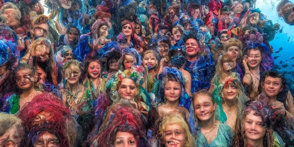 Image similar to detailed colour photographic masterpiece group portrait of people sat down extreme closeup, in the inside of the full crowded beautiful underwater train to atlantis, realistic and lifelike expressions, crowds of people sat down wearing unusual clothes