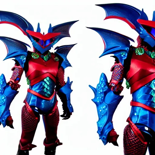 Prompt: High Fantasy Dragon Kamen Rider, blue armor with red secondary color, 4k, glowing eyes in helmet, daytime, chainmail, rubber suit,