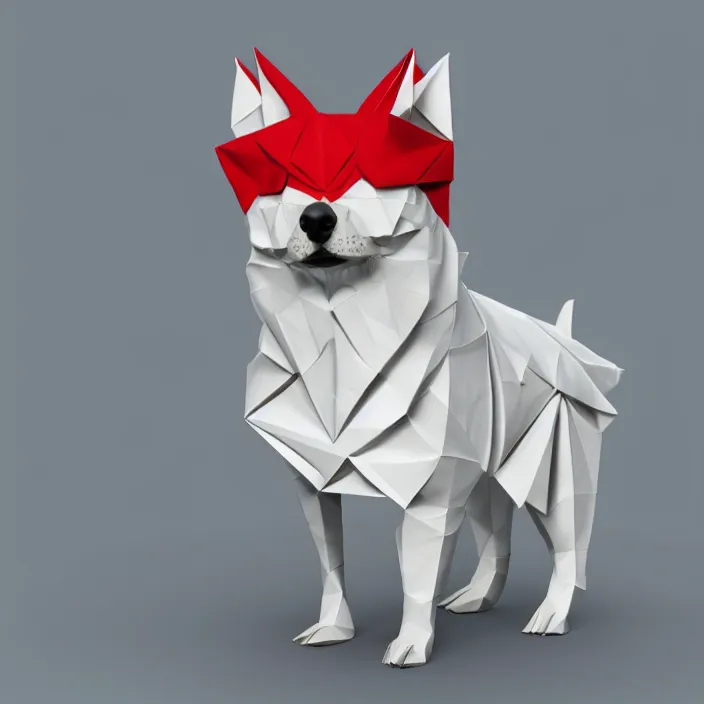 Image similar to low poly, isometric 3 d, white background, high definition, origami dog wearing a crown, hd, 4 k, 8 k