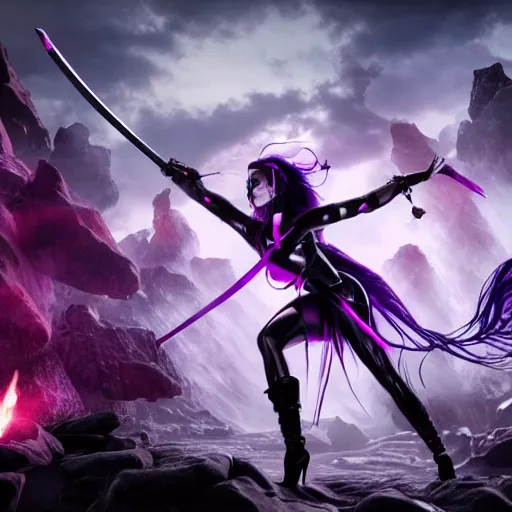 Prompt: gorgeous goth psylocke fighting army of demons with a samurai sword, physical based render, cinematography, octane, photorealistic, gorgeous, symmetrical, unreal engine