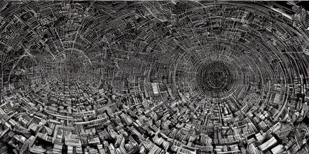 Image similar to labyrinth megastructure in the style of heironymus bosch, dark intricate masterpiece, hyper detailed, hd