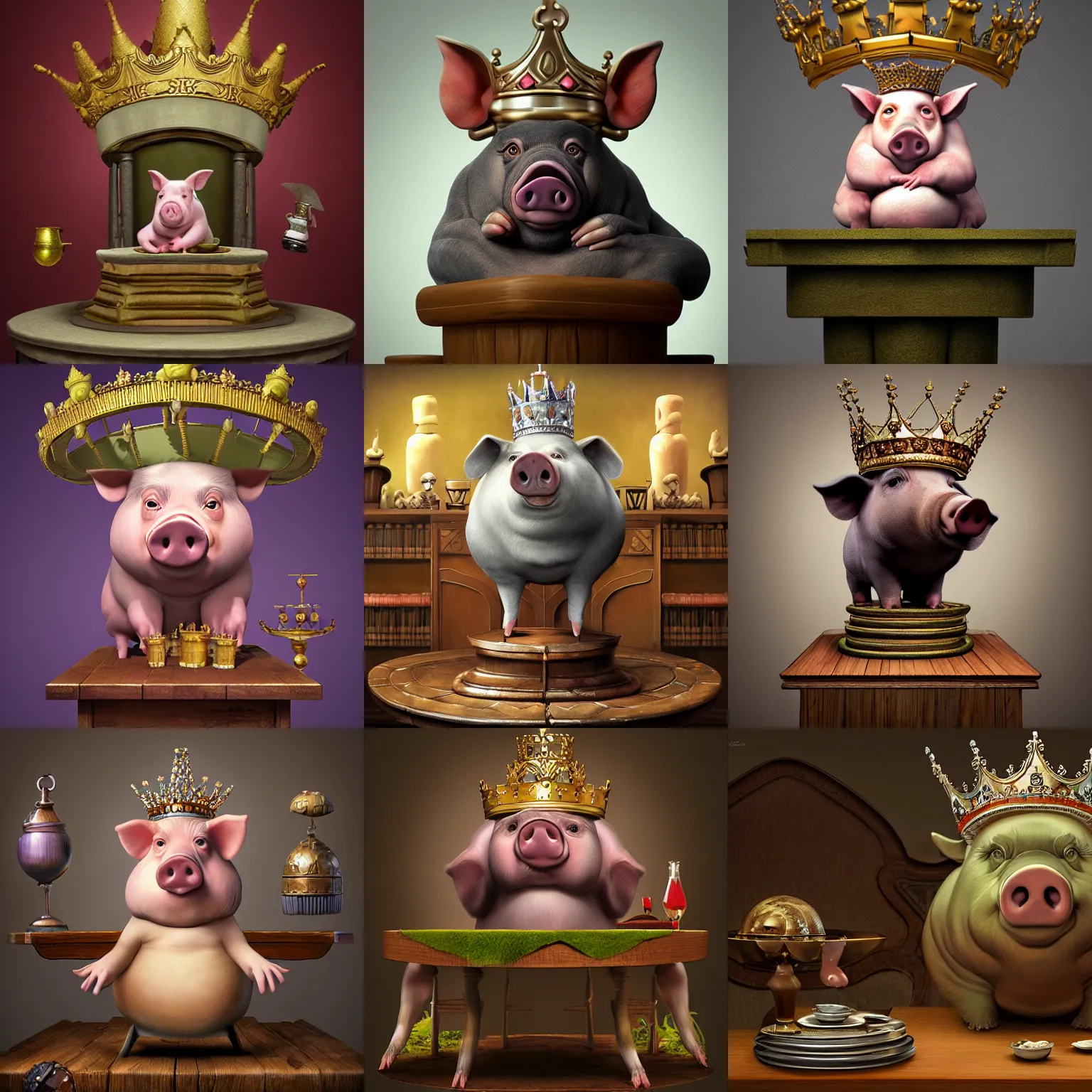 Prompt: a pig with a crown sitting on top of a table, a character portrait by vladimir kush, zbrush central contest winner, fantasy art, zbrush, dystopian art, rococo