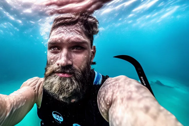 Prompt: high quality 4 k resolution go pro photo of storm god poseidon taking a selfie of himself underwater look king confused holding his trident