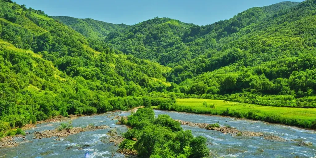 Prompt: a lush green valley with a great meandering river, blue waters, morning light, sun, beautiful, landscape view, village by the river