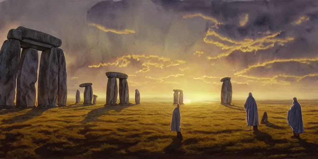 Image similar to a hyperrealist watercolor concept art of a giant alien ship from independence day on the horizon of stonehenge. a medieval monk in grey robes is in the foreground. golden hour. very muted colors, by rebecca guay, michael kaluta, charles vess. high detail, hq, wide shot, 4 k