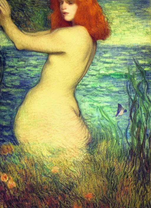 Prompt: lady laying under the sea on the seabed amongst the weeds, underwater shot, submerged, medium shot, on the bed of the river preraphaelite colour photography by rosetti and monet, 8 k