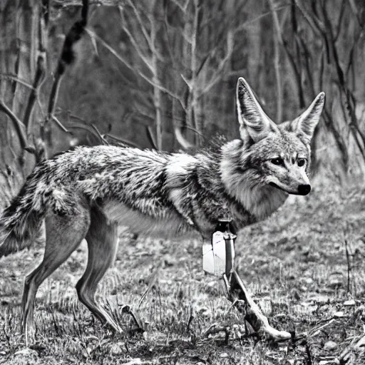 Image similar to black and white trailcam footage of native weird distorted human body Skinwalker transforming into a coyote