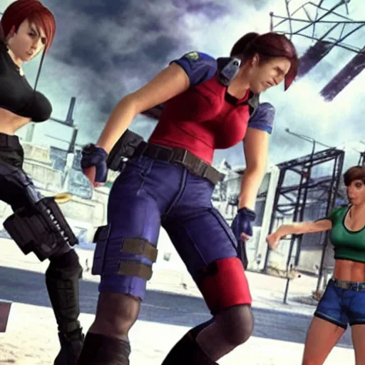 Prompt: Jill Valentine arguing with Claire Redfield about who\'s the most popular character, video game still.