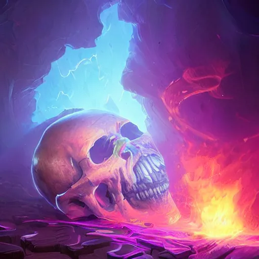 Image similar to curved floating skulls with violet fire trails, violet theme, epic fantasy digital art style, fantasy artwork, by Greg Rutkowski, fantasy hearthstone card art style