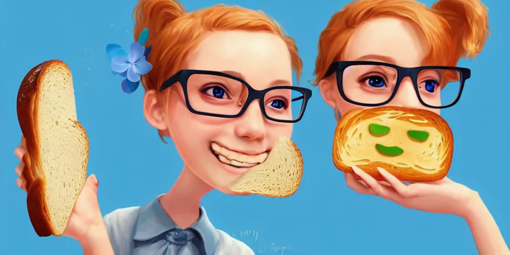 Prompt: epic professional digital art of a cute bread toast smiling wearing 👓!!!! and a blue flower!!!!, best on artstation, cgsociety, much detail, much wow, masterpiece