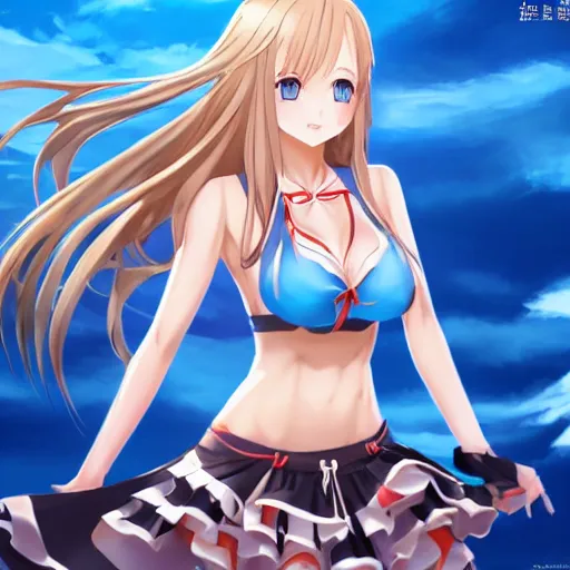 Image similar to a very beautiful mature yuuki asuna, full body, long wavy blond hair, sky blue eyes, full round face, bikini, miniskirt, front view, mid - shot, cute pose, highly detailed, cinematic wallpaper by stanley artgerm lau