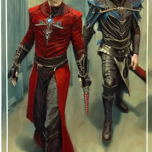 Image similar to Vergil and Dante standing back to back, art by Donato Giancola and James Gurney, digital art, trending on artstation